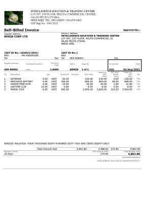 Malaysia Intelligence Solution & Training Centre self-billed invoice in Word and PDF format