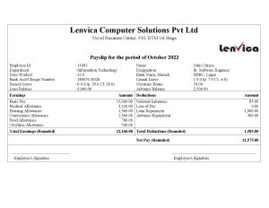 India Editable Docs 12 India Lenvica computer solutions company pay stub Word and PDF template