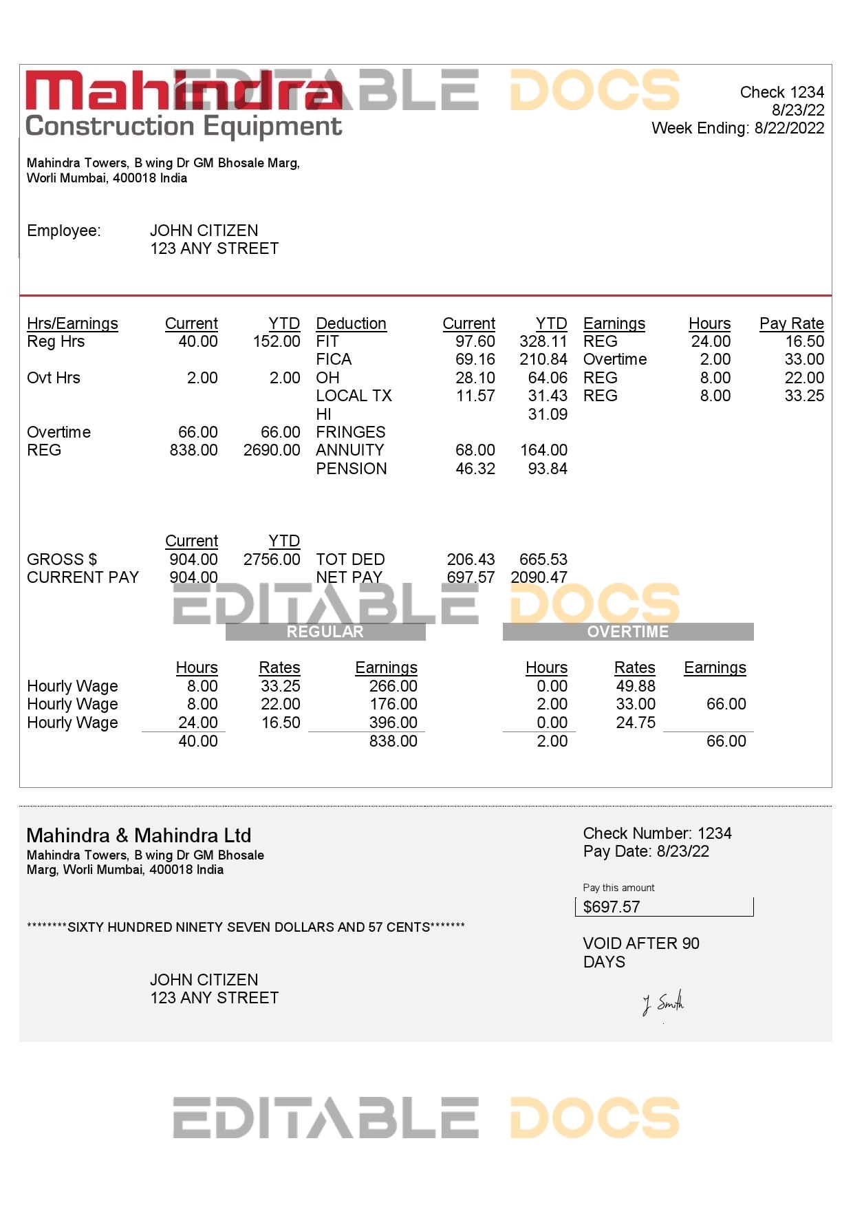India Mahindra & Mahindra Ltd automotive industry company pay stub Word and PDF template