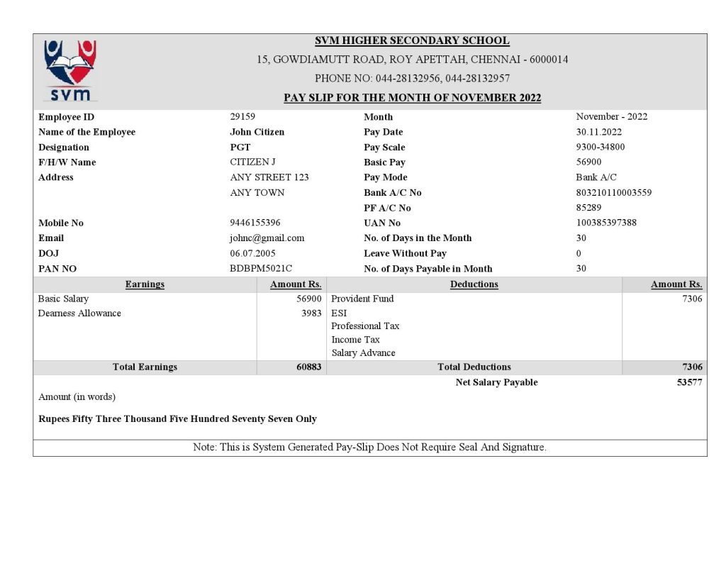 India SVM HIGHER SECONDARY SCHOOL educational company pay stub Word and PDF template