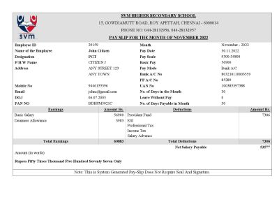 India SVM HIGHER SECONDARY SCHOOL educational company pay stub Word and PDF template