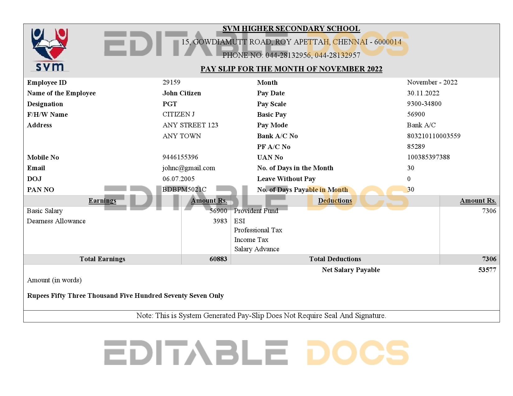 India SVM HIGHER SECONDARY SCHOOL educational company pay stub Word and PDF template