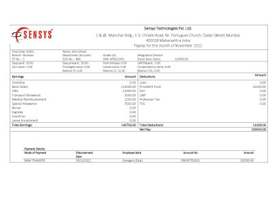 India Sensys technologies Pvt IT technologies pay stub Word and PDF template