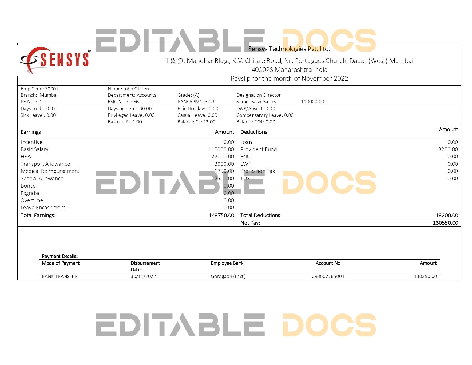 India Sensys technologies Pvt IT technologies pay stub Word and PDF template