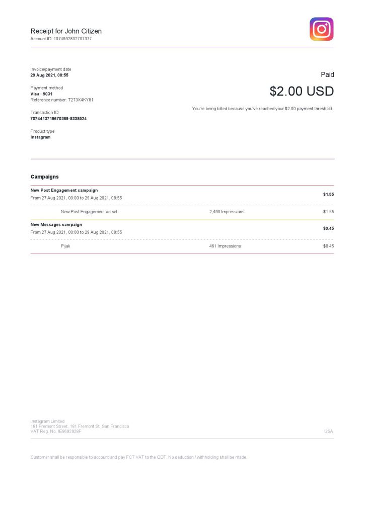 USA Instagram invoice template in Word and PDF format, fully editable