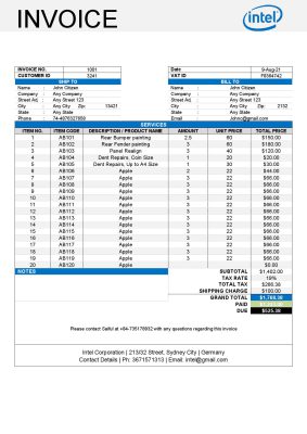 USA Intel invoice template in Word and PDF format, fully editable