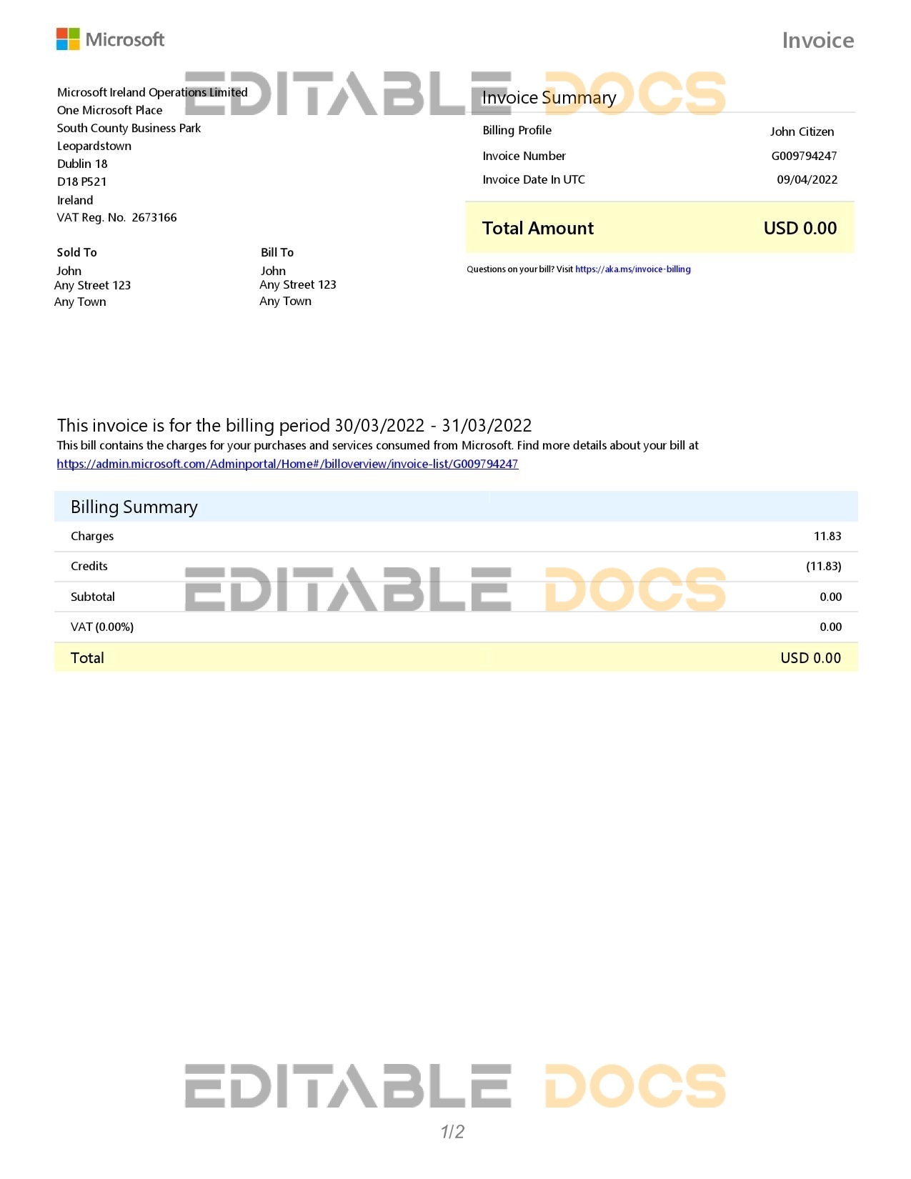 Ireland Microsoft Ireland Operations Limited invoice Word and PDF template, 2 pages