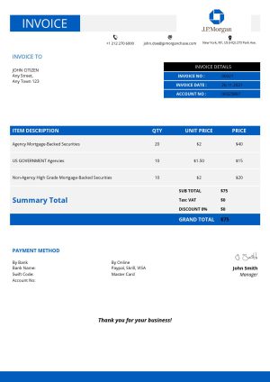 USA JP Morgan invoice template in Word and PDF format, fully editable