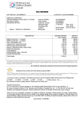 Singapore KK Women’s and Children’s Hospital tax invoice template in .doc and .pdf format