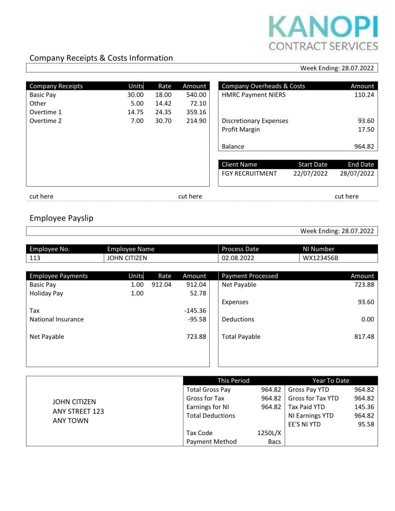 United Kingdom Kanopi Contract Services payroll company pay stub Word and PDF template