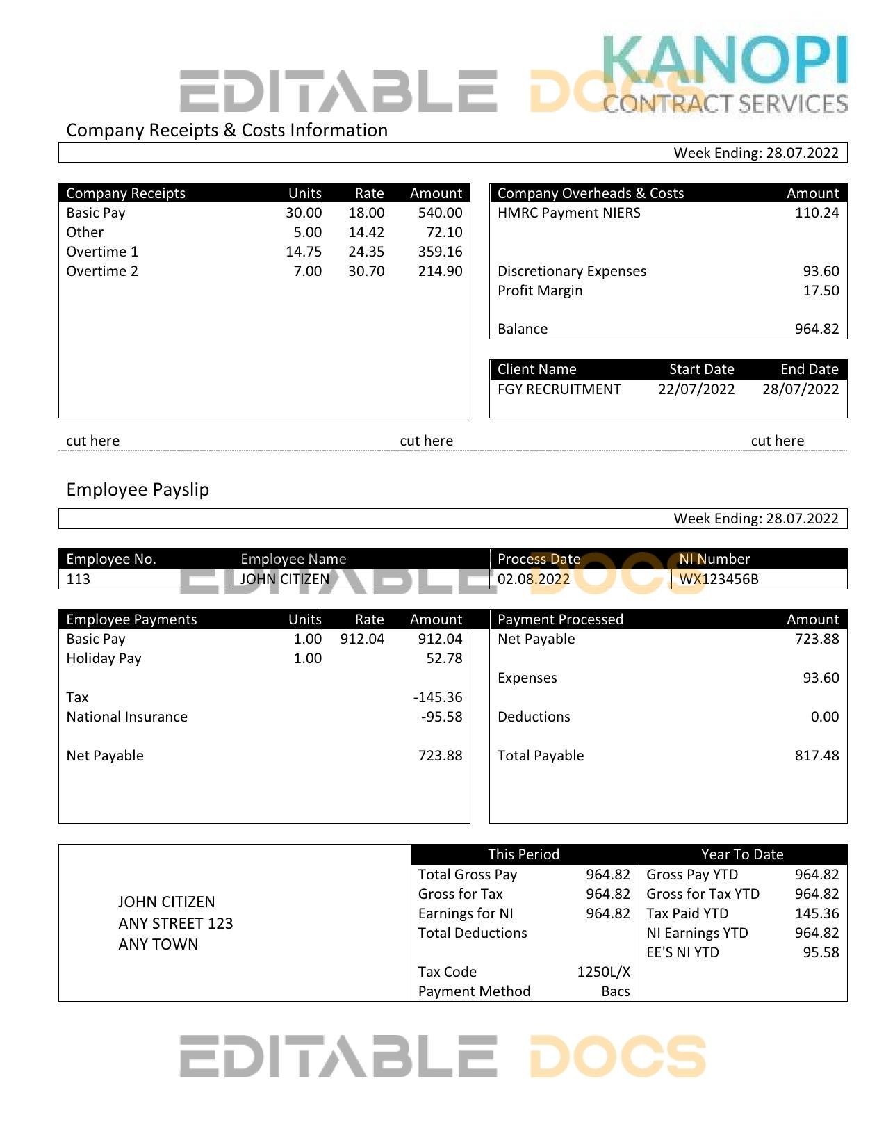 United Kingdom Kanopi Contract Services payroll company pay stub Word and PDF template