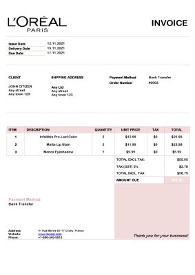 USA L’oreal Paris invoice template in Word and PDF format, fully editable