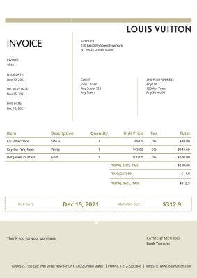 USA Louis Vuitton invoice template in Word and PDF format, fully editable