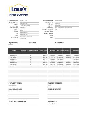 USA Lowe’s Pro Supply wholesale company pay stub Word and PDF template