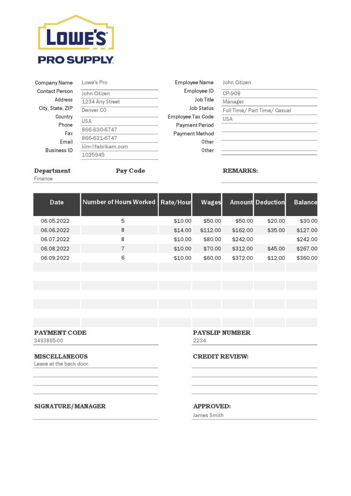 USA Lowe’s Pro Supply wholesale company pay stub Word and PDF template