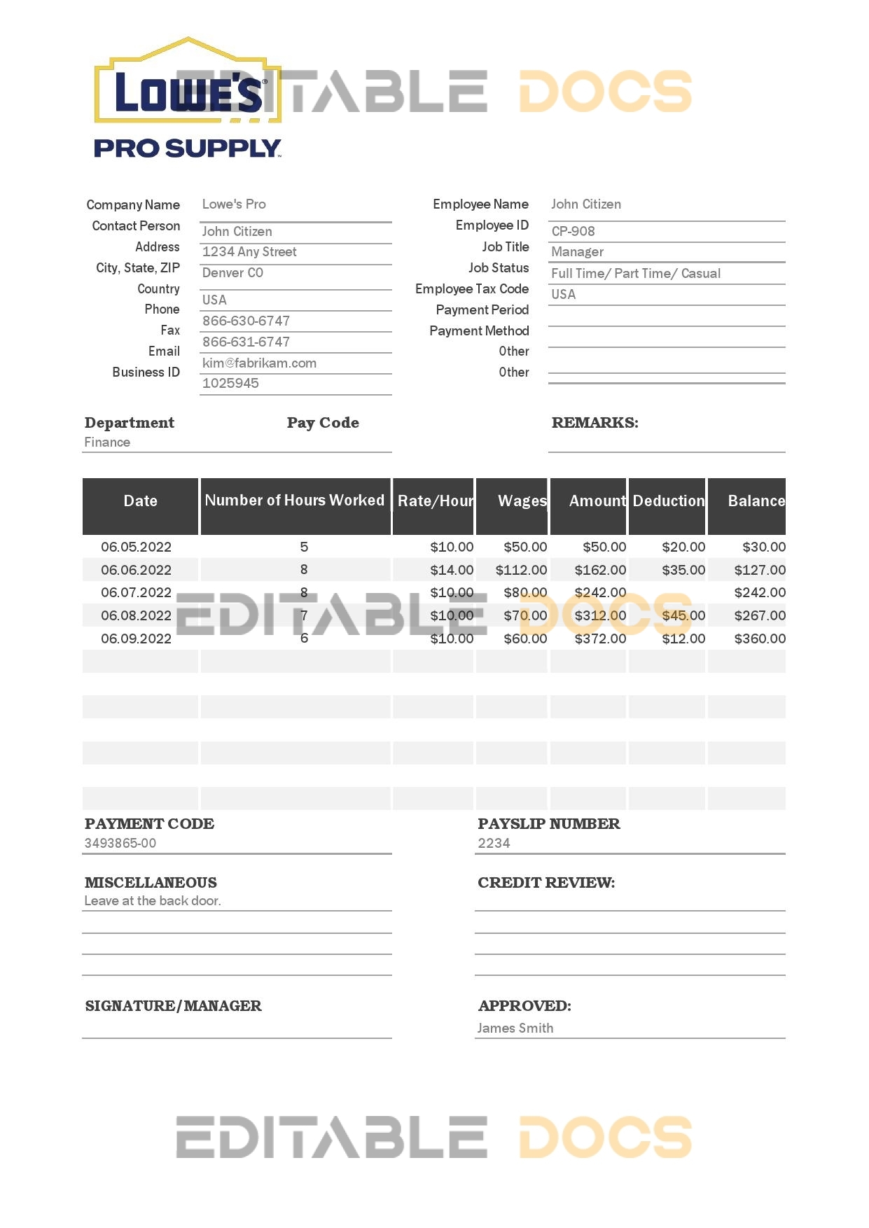 USA Lowe’s Pro Supply wholesale company pay stub Word and PDF template