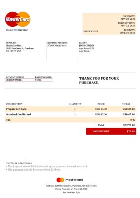 USA MasterCard invoice template in Word and PDF format, fully editable