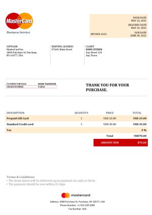 USA MasterCard invoice template in Word and PDF format, fully editable