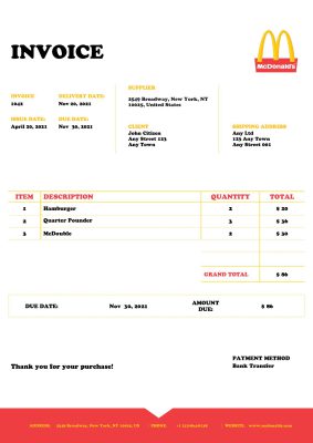 USA Mcdonald’s invoice template in Word and PDF format, fully editable