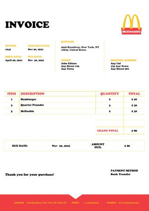 USA Mcdonald’s invoice template in Word and PDF format, fully editable