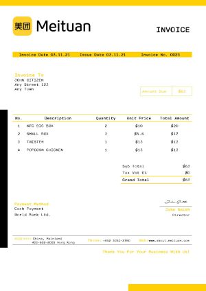 USA Meituan invoice template in Word and PDF format, fully editable
