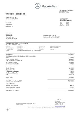 USA Mercedes-Benz invoice template in Word and PDF format, fully editable