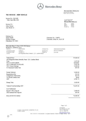USA Mercedes-Benz invoice template in Word and PDF format, fully editable