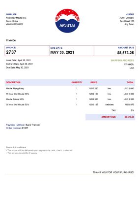 USA Moutai invoice template in Word and PDF format, fully editable