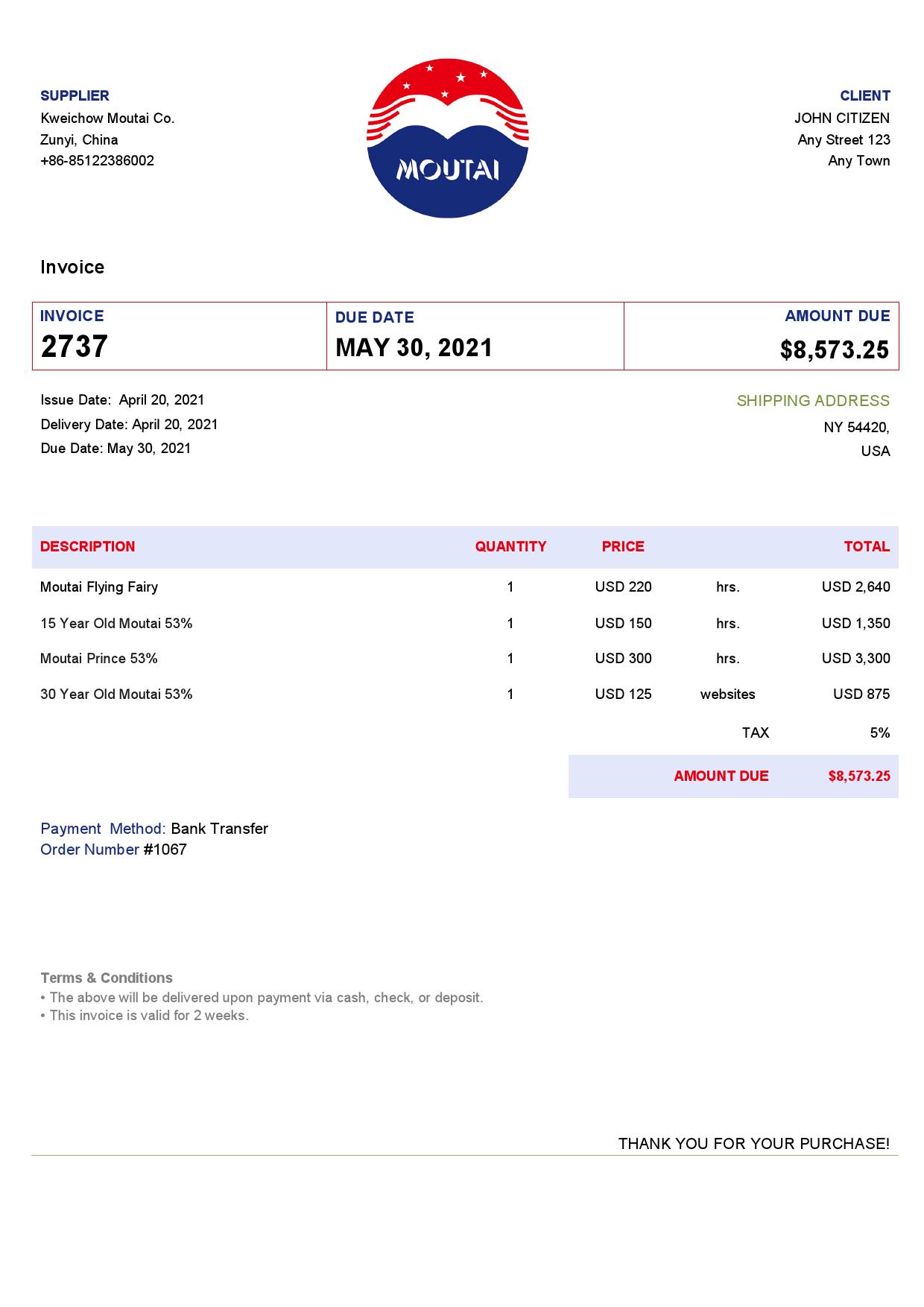 USA Moutai invoice template in Word and PDF format, fully editable