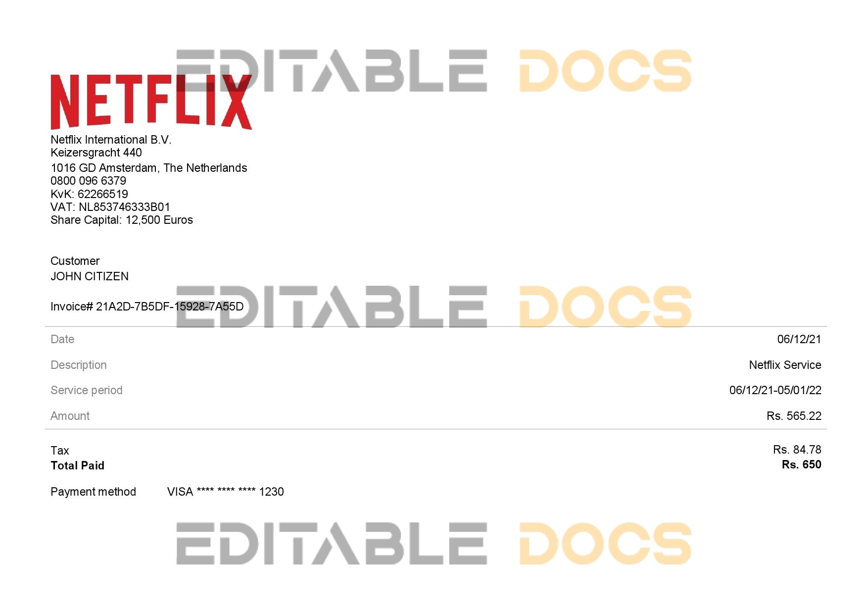 USA Netflix invoice template in Word and PDF format, fully editable