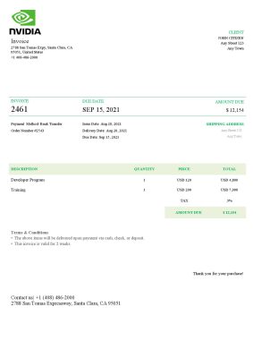 USA Nvidia invoice template in Word and PDF format, fully editable