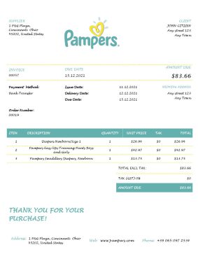 USA Pampers invoice template in Word and PDF format, fully editable