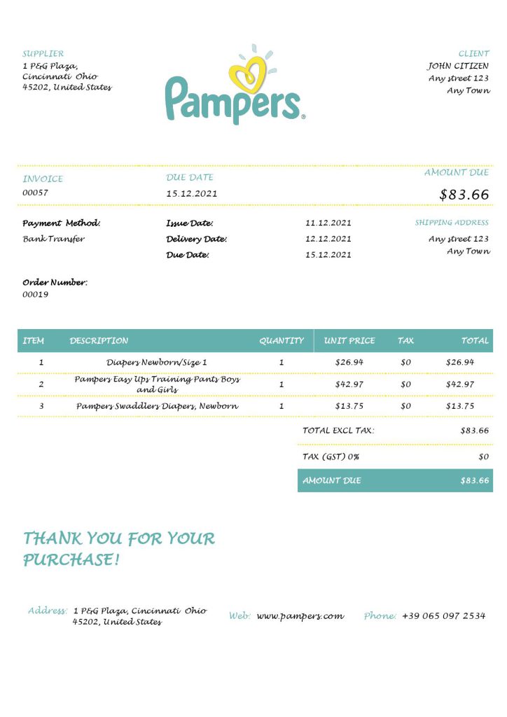 USA Pampers invoice template in Word and PDF format, fully editable