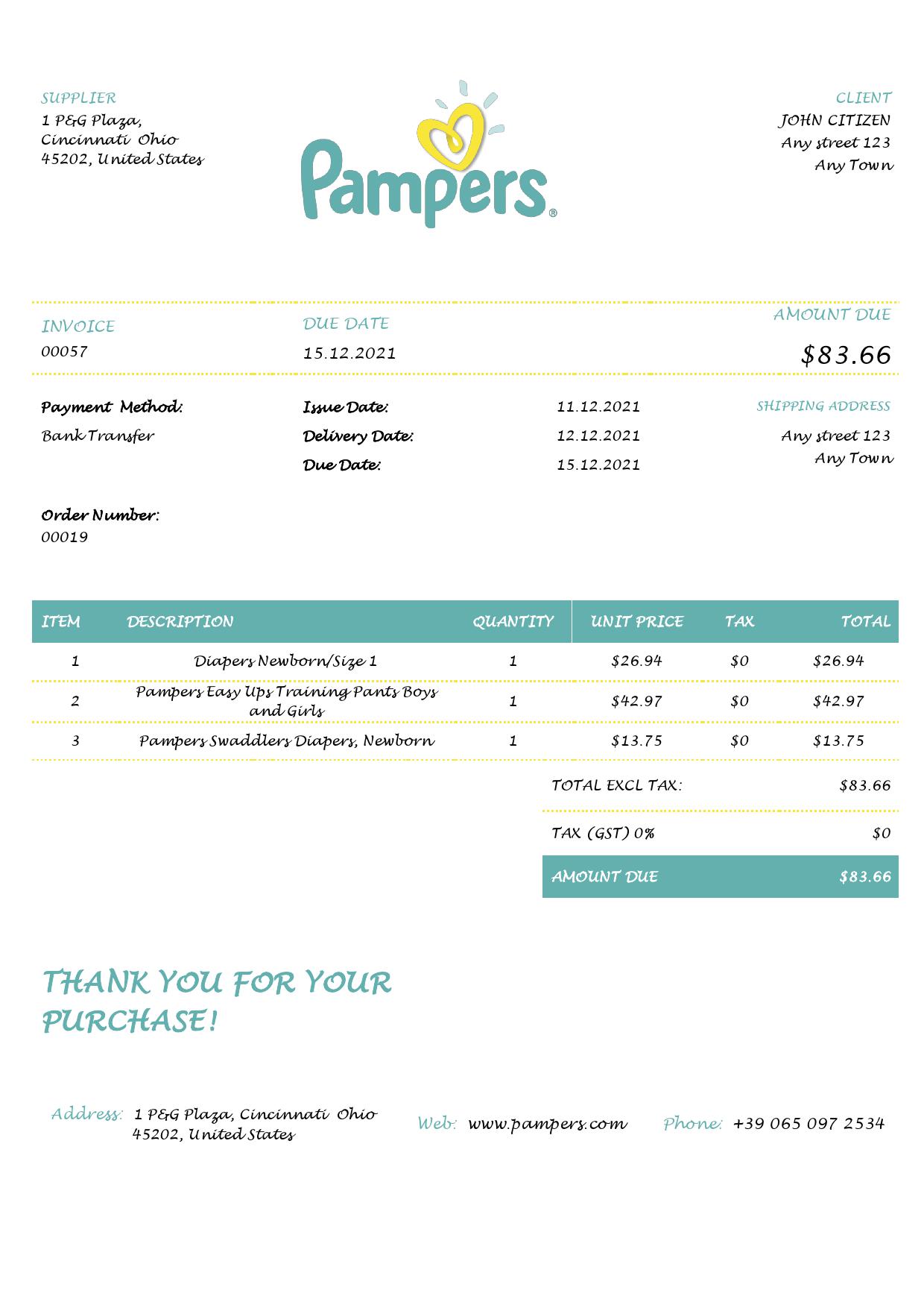 USA Pampers invoice template in Word and PDF format, fully editable