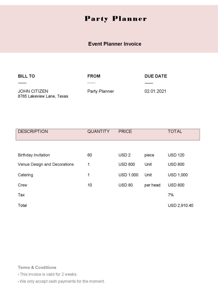 USA Party Planner invoice template in Word and PDF format, fully editable