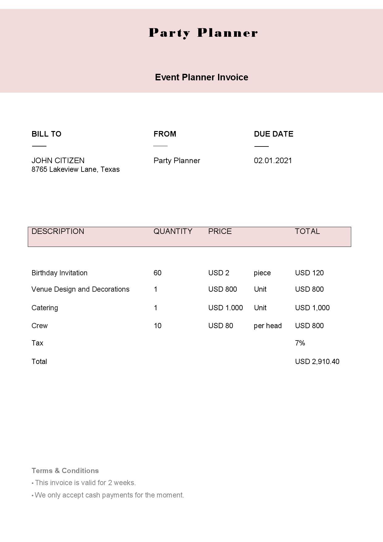 USA Party Planner invoice template in Word and PDF format, fully editable