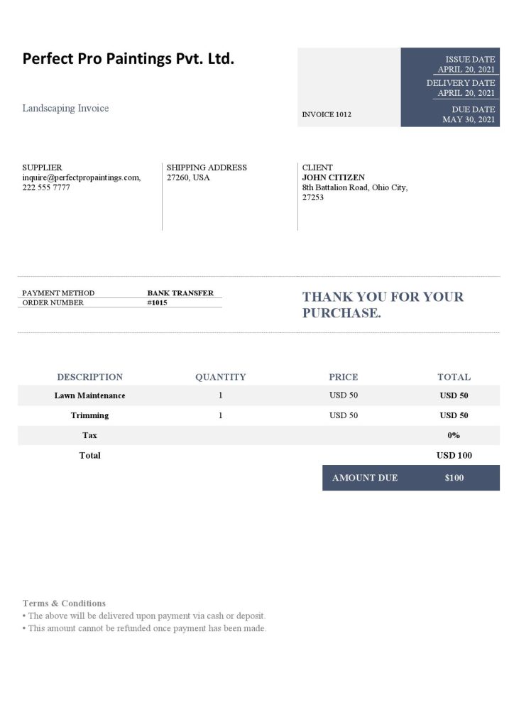 USA Perfect Pro Paintings Pvt. Ltd. invoice template in Word and PDF format, fully editable