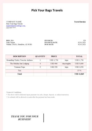 USA Editable Templates 15 USA Pick Your Bags Travels invoice template in Word and PDF format, fully editable