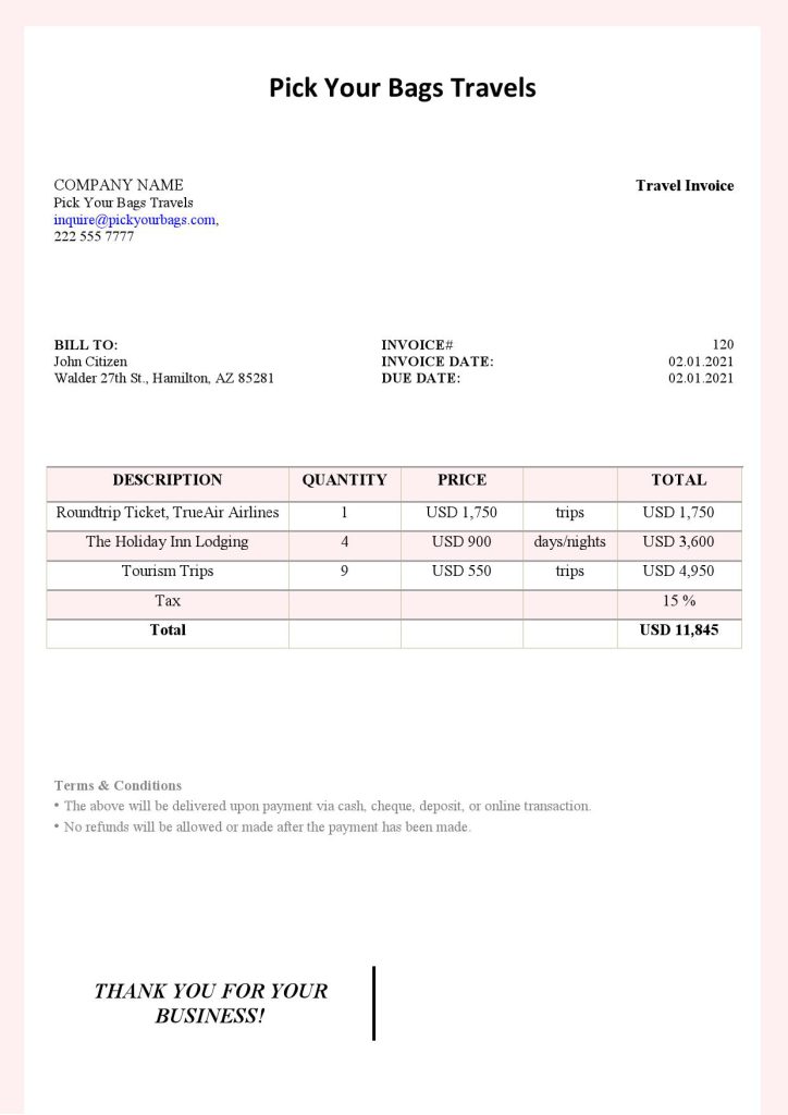 USA Pick Your Bags Travels invoice template in Word and PDF format, fully editable