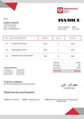 USA Pinduoduo invoice template in Word and PDF format, fully editable