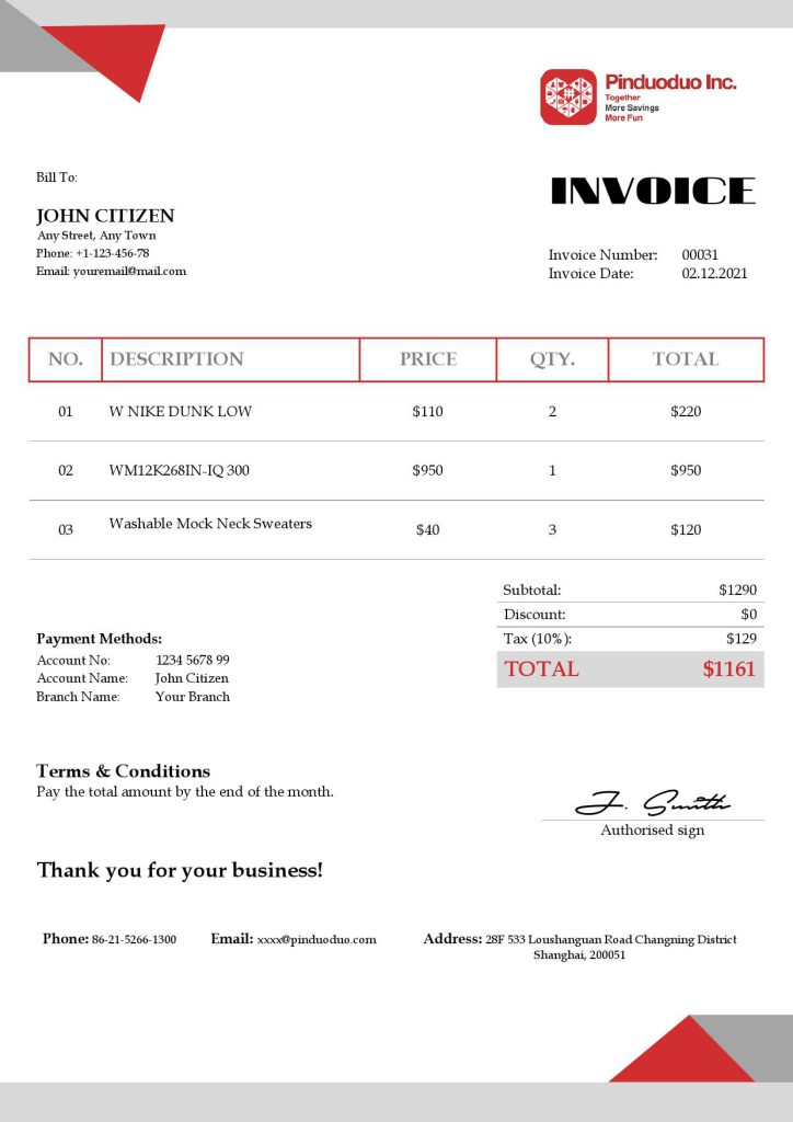 USA Pinduoduo invoice template in Word and PDF format, fully editable