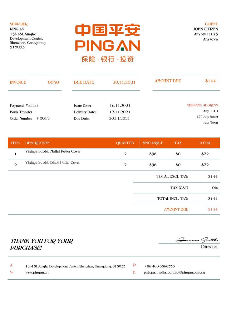 USA Ping An invoice template in Word and PDF (.doc and .pdf) format