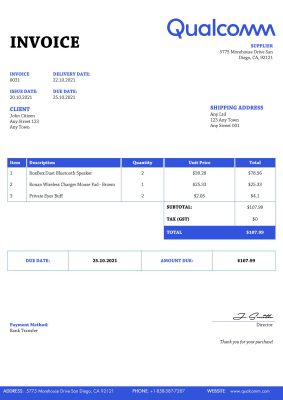 USA Qualcomm invoice template in Word and PDF (.doc and .pdf) format