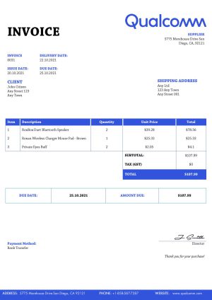 USA Qualcomm invoice template in Word and PDF (.doc and .pdf) format