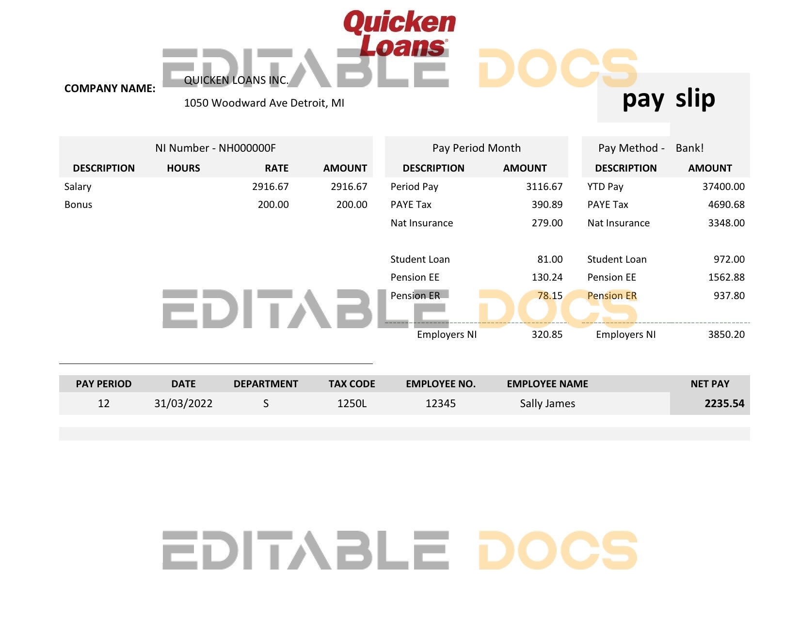 USA Quicken Loans Inc. mortgage loan company pay stub Word and PDF template