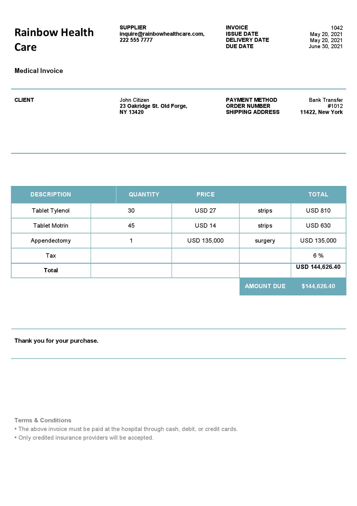 USA Rainbow Health Care invoice template in Word and PDF format, fully editable