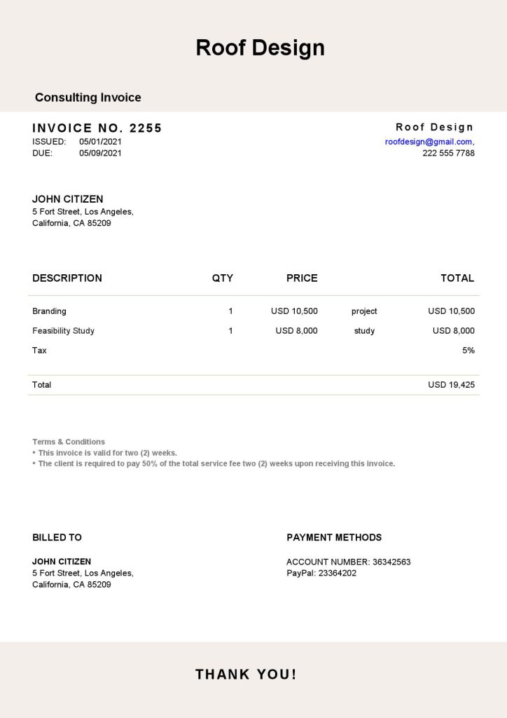 USA Roof Design invoice template in Word and PDF format, fully editable