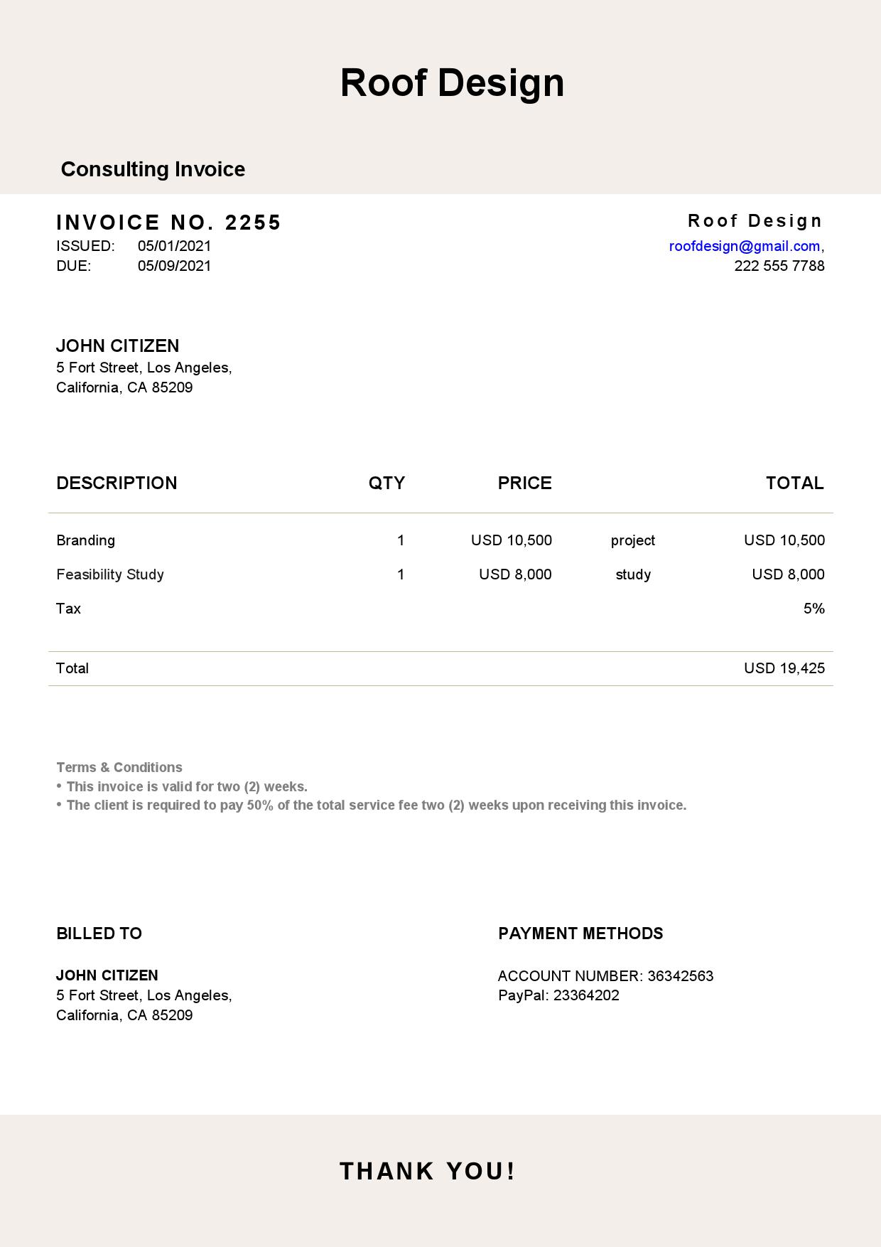 USA Roof Design invoice template in Word and PDF format, fully editable