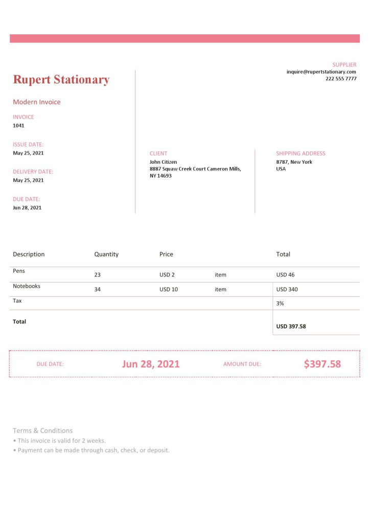 USA Rupert Stationary invoice template in Word and PDF format, fully editable