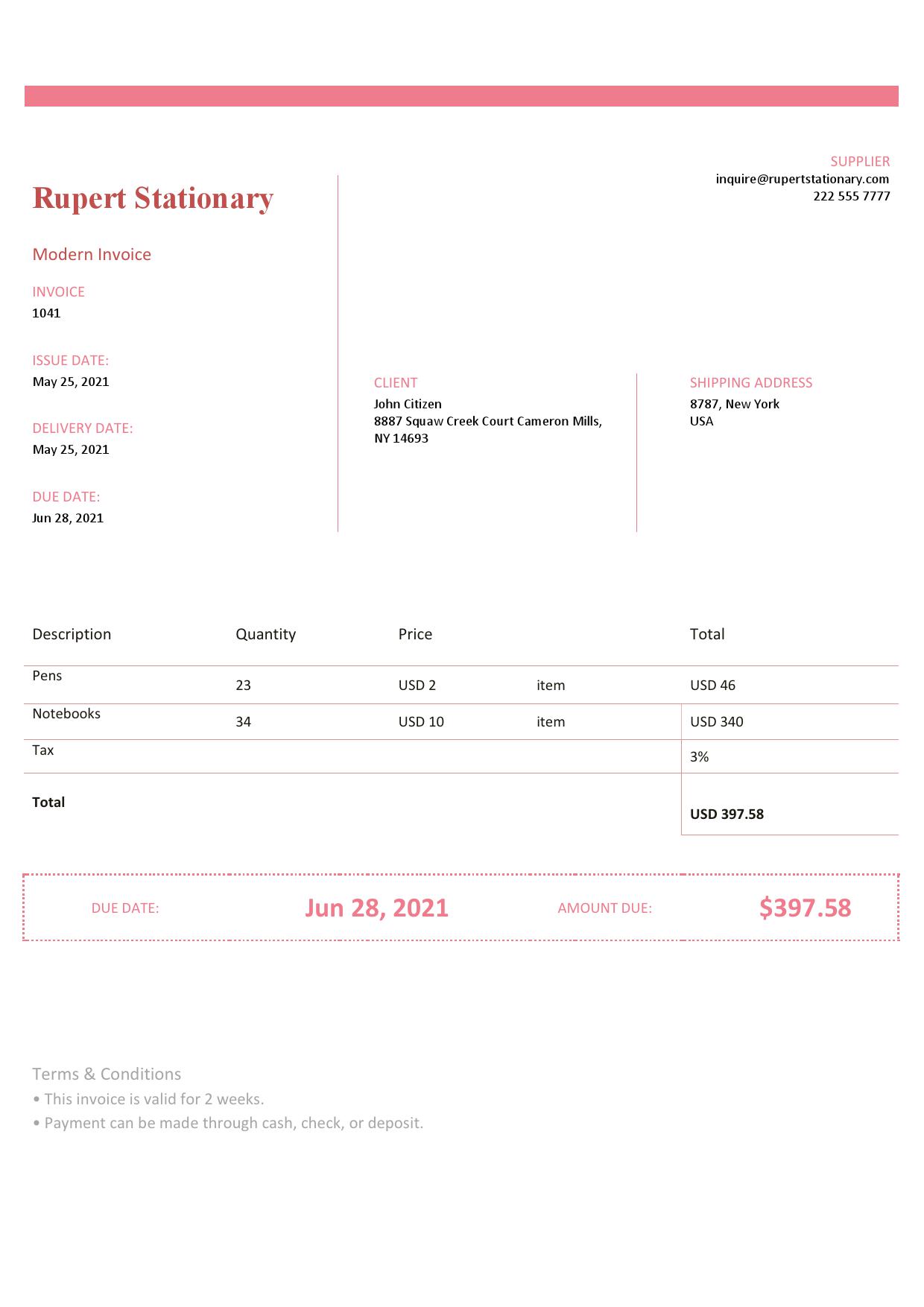 USA Rupert Stationary invoice template in Word and PDF format, fully editable
